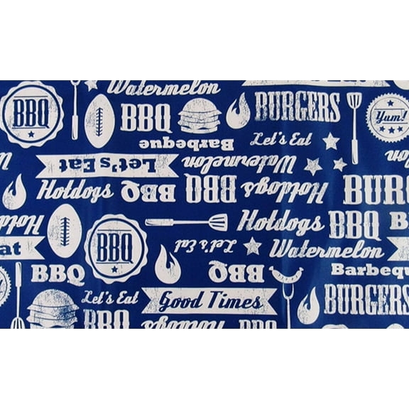 Summer Fun Let's Eat BBQ Vinyl Flannel Back Tablecloth (Blue, 52" x 90" Oblong)
