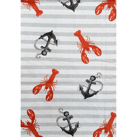 Summer Fun Lobsters & Anchors on Wavy Line Stripes Vinyl Flannel Back Tablecloth (60'' x 84'' Oblong with Zipped Umbrella Hole)