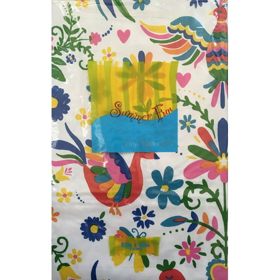 Summer Fun Otomi Birds, Butterflies and Flowers Vivid Colors Vinyl Flannel Back Tablecloth (52" x 70" Oblong)