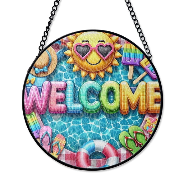 Summer Fun Poolside Stained Glass Style Suncatcher, UV Printed Glass Sunshine Water Art, Beach House Gift, Round
