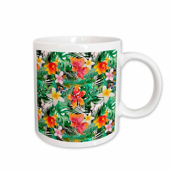 3drose, Summer Fun Tropical Watercolor Hibiscus and Palm Leaves Pattern, 15oz Mug