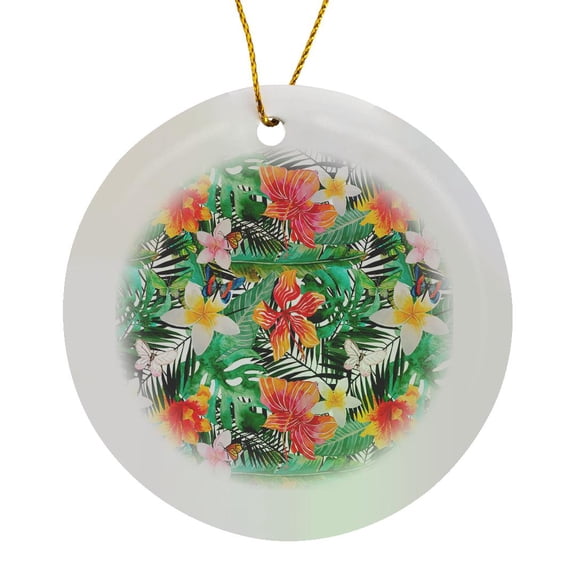 3drose, Summer Fun Tropical Watercolor Hibiscus and Palm Leaves Pattern, Circle Porcelain Ornament
