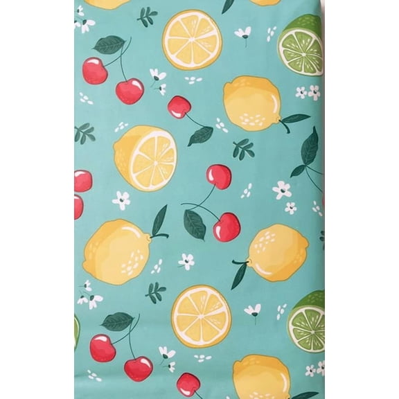 Summer Fun Vinyl Tablecloth Flannel Backed Lemons Cherries Limes White Flowers On Aqua Blue Color (60x84 Oblong with Zippered Umbrella Hole)