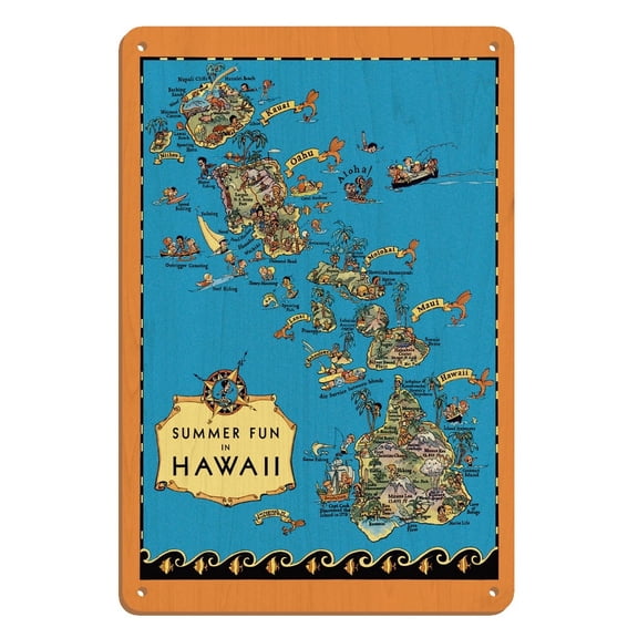 Summer Fun in Hawaii Map - Hawaii Tourist Bureau - Vintage Pictorial Map by Ruth Taylor White c.1930 - 8 x 12 inch Vintage Wood Art Sign