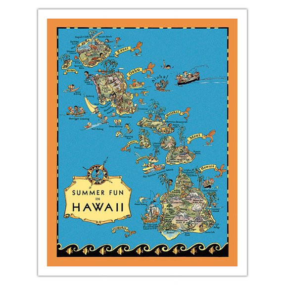 Summer Fun in Hawaii Map - Hawaii Tourist Bureau - Vintage Pictorial Map by Ruth Taylor White c.1930 - Fine Art Matte Paper Print (Unframed) 11x14in