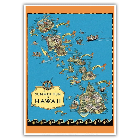 Summer Fun in Hawaii Map - Hawaii Tourist Bureau - Vintage Pictorial Map by Ruth Taylor White c.1930 - Master Art Print 10in x 14in