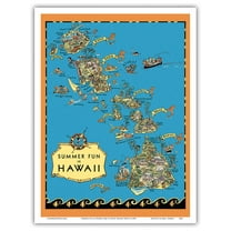Summer Fun in Hawaii Map - Hawaii Tourist Bureau - Vintage Pictorial Map by Ruth Taylor White c.1930 - Master Art Print (Unframed) 9in x 12in
