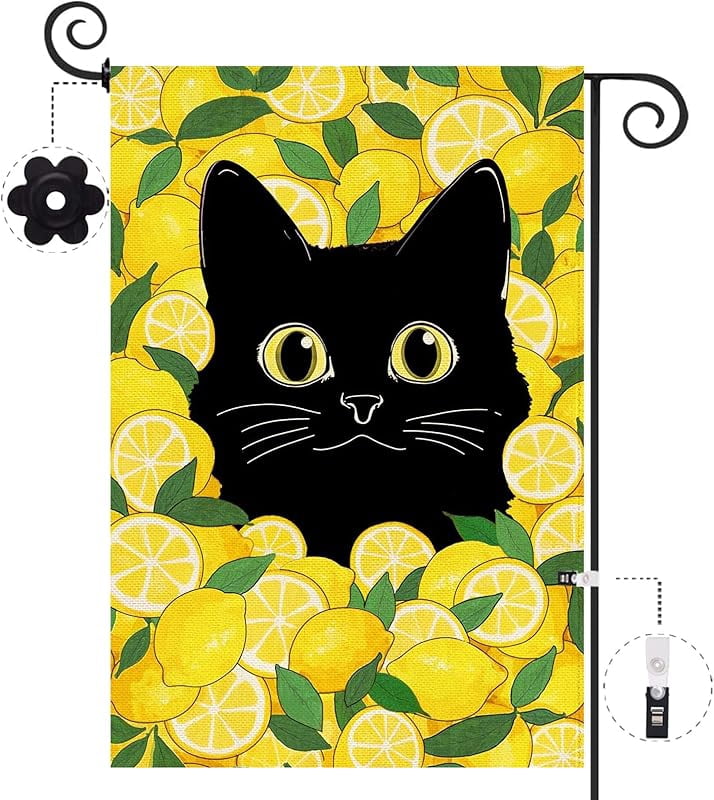 Summer Funny Black Cat Garden Flag Double Sided Summer Lemon Fruit Welcome Small Yard Flag Burlap Seasonal Farmhouse Outside Outdoor Decoration