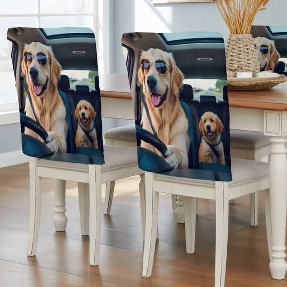 Summer Funny Chair Back Covers, Modern Driving Dog Print Removable Chair Covers for Dining Chairs Set of 8, Washable Chairs Slipcovers Back Seat Protector for Wedding Party 19"x20"
