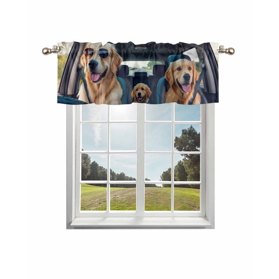 Summer Funny Kitchen Curtain Valances for Windows Farmhouse Short Curtains, Modern Driving Dog Print Rod Pocket Valance Curtain for Bedroom Cafe Living Room 42"x12"