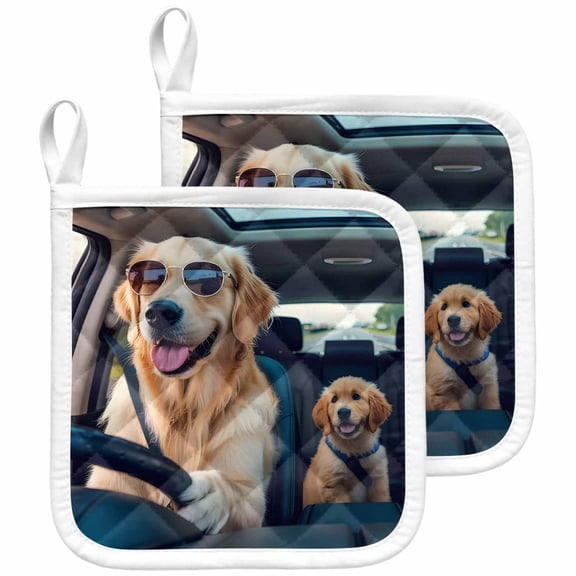 Summer Funny Pot Holders for Kitchen Heatproof Potholder, 2 Pack Modern Driving Dog Print Hot Pads Multipurpose Oven Pads Cloth Potholders Trivet for Cooking and Baking