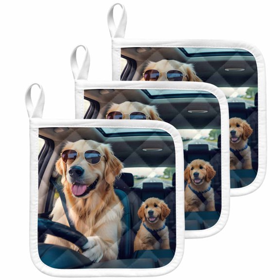 Summer Funny Pot Holders for Kitchen Heatproof Potholder, 3 Pack Modern Driving Dog Print Hot Pads Multipurpose Oven Pads Cloth Potholders Trivet for Cooking Baking