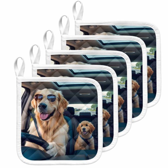Summer Funny Pot Holders for Kitchen Heatproof Potholder, 5 Pack Modern Driving Dog Print Hot Pads Multipurpose Oven Pads Cloth Potholders Trivet for Cooking Baking