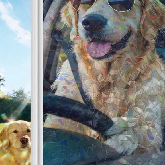 Summer Funny Window Privacy Film Stain Glass, Reusable Decorative Rainbow Window Film, Modern Driving Dog Print Non-Adhesive Static Cling Sun Blocking Stickers Decals Covers 17.7" x 39.3" (2pcs)