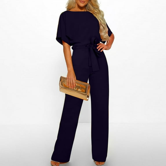 Summer Games Shirt jumpsuit shorts for women Fall/Winter Solid Color Short Sleeved Crewneck Jumpsuit With Belt Jumpsuit