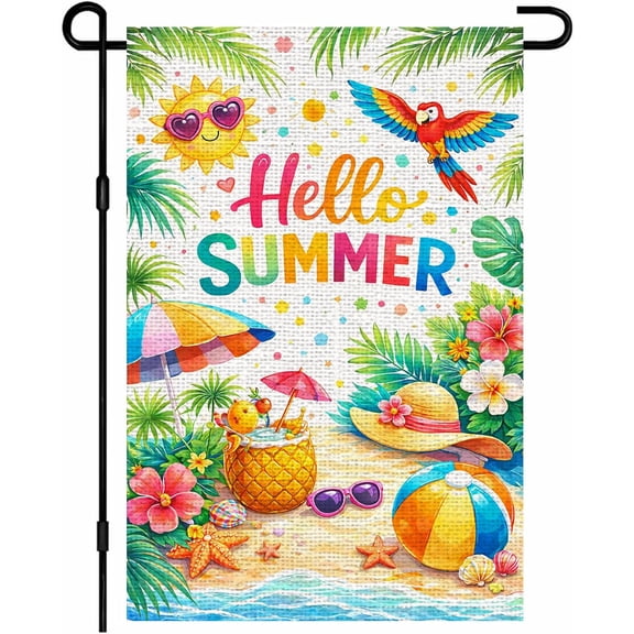 Summer Garden Flag 12 x 18 Inch Double Sided Burlap Pineapple Parrot Umbrella Yard Flag for Patio Porch Pool Outdoor Home Decor
