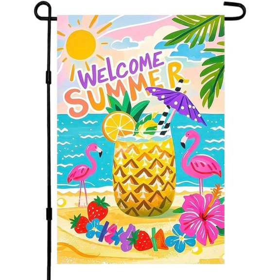 Summer Garden Flag 12 x 18 Inch Double Sided Outdoor Farmhouse Lawn Decoration with Beach Flamingo Fruit and Flowers