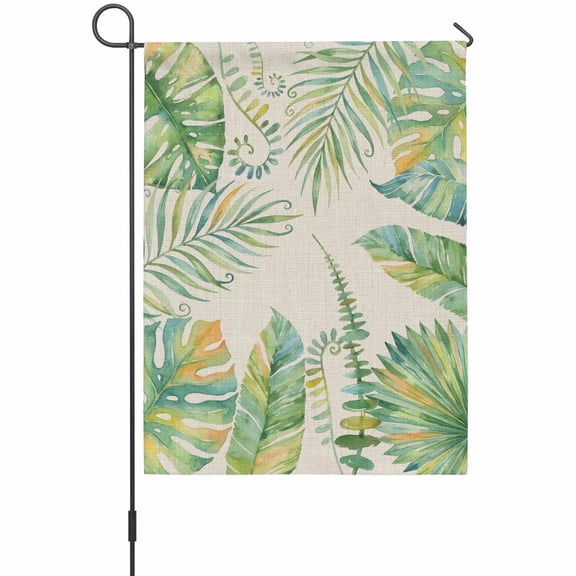 Summer Garden Flag 12 x 18 Inches, Green Gradient Palm Leaf Tropical Plants Retro Linen Weather Proof Outdoor Patio Flags Double Sided Small Garden Decoration for Yard Outside Home