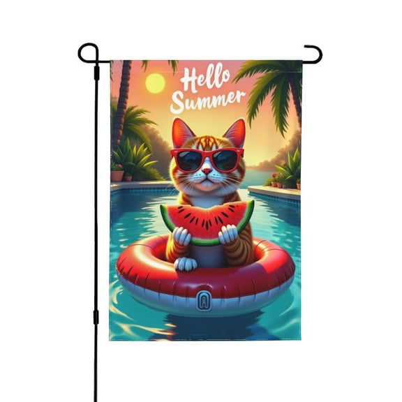 Summer Garden Flag 12x18 Inch Cute Cat Pool Party Double Sided Summer Outdoor Yard Flag Watermelon Sunglasses Pool Float Hello Summer Decoration Banner