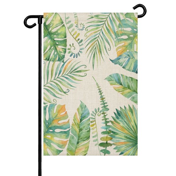Summer Garden Flag 12x18 Inch Green Gradient Palm Leaf Tropical Plants Retro Linen Double Sided Small Decorative Garden Flags for Outside, Outdoor Yard Porch Lawn Decoration