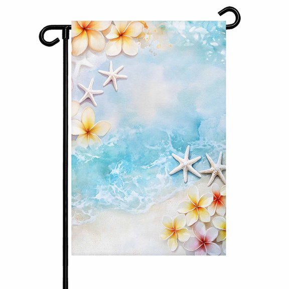 Summer Garden Flag 12x18 Inch Ocean Beach Yellow Flowers Starfish Double Sided Small Decorative Garden Flags for Outside, Outdoor Yard Porch Lawn Decoration