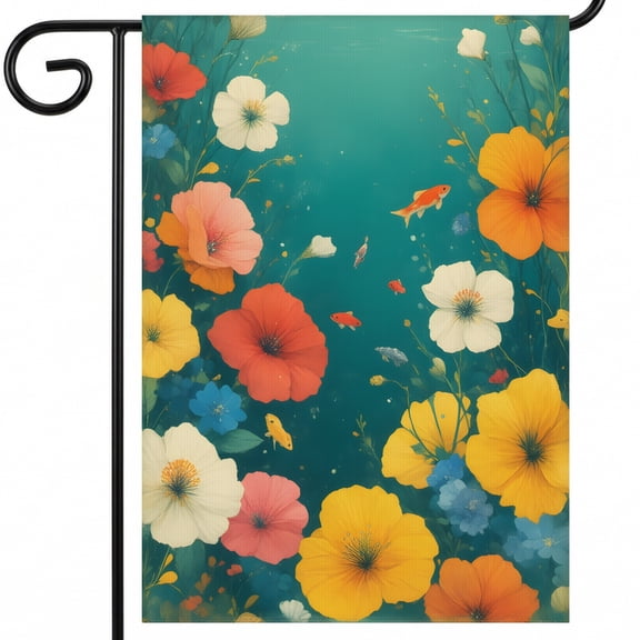 Summer Garden Flag 28 x 40. A Painting of Colorful Flowers and Koi Fish Swimming in a Pond Double Sided for Vintage Garden Display