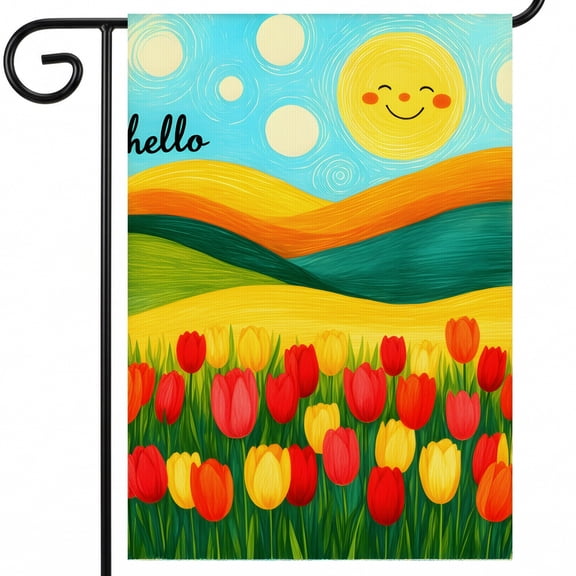 Summer Garden Flag A Painting of a Field of Tulips with a Smiley Face Hello 28 x 40 In Large Flag for Outdoor Banner Flags Front Porch Style