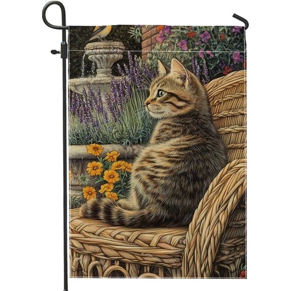 Summer Garden Flag, Brown Tabby Cat Patio Banner, Double Sided Burlap Floral Art Outdoor Lawn Decoration, Yard Flag 12 x 18 Inch