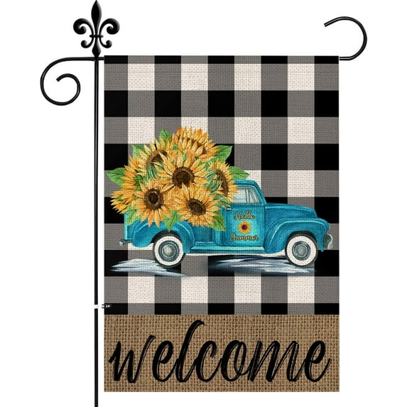 Summer Garden Flag Buffalo Plaid Truck with Sunflowers Welcome Flag Double Sided Vertical Burlap Yard Outdoor Decor 12.5x18 Inch