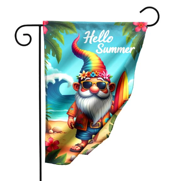 Summer Garden Flag Double Sided Polyester Outdoor Decorative Flag with Hello Summer Design Cheerful Gnome Surfing Tropical Beach Theme 12.5 x 18 Inch for Yard Patio Lawn Decor#22151