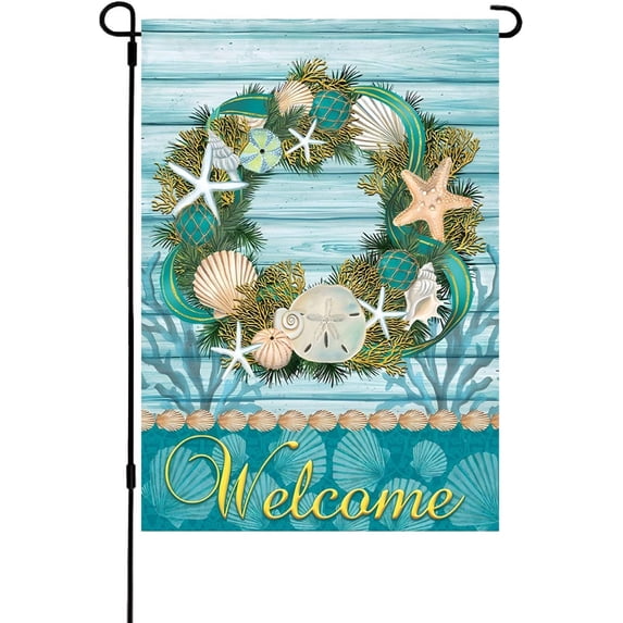 Summer Garden Flag Double Sided Welcome Grden Flag Beautiful Starfish Wreath Pattern Flag Outdoor Party Seasonal Holiday Decoration Courtyard Flag