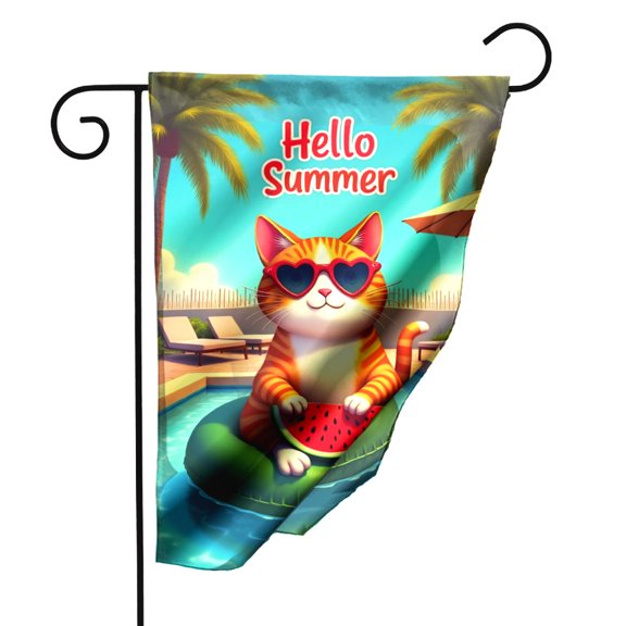 Summer Garden Flag with Hello Summer Text Double Sided Polyester Decorative Yard Flag for Outdoor Patio Lawn Decor 12.5x18 Inch Watermelon Cat Sunglasses Design#22081