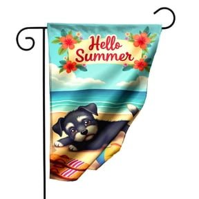 Summer Garden Flag with Hello Summer Text Floral Frame Flip Flops Beach Ball and Starfish Design Double Sided Polyester Decorative Yard Flag for Outdoor Patio Lawn Decor 12.5 x 18 Inch#22321