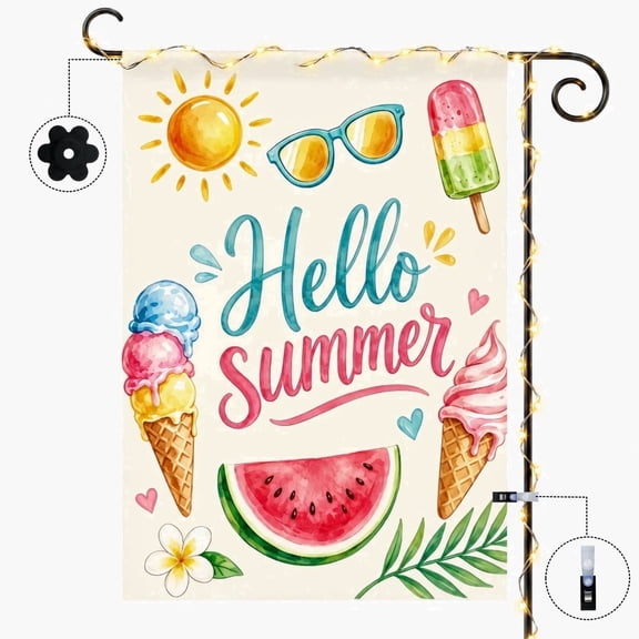 Summer Garden Flag with LED Lights, Fruit and Ice Cream Double Sided Yard Flag, UV Resistant Waterproof Polyester Outdoor Flag for Lawn Patio Home Decor 12x18 Inch