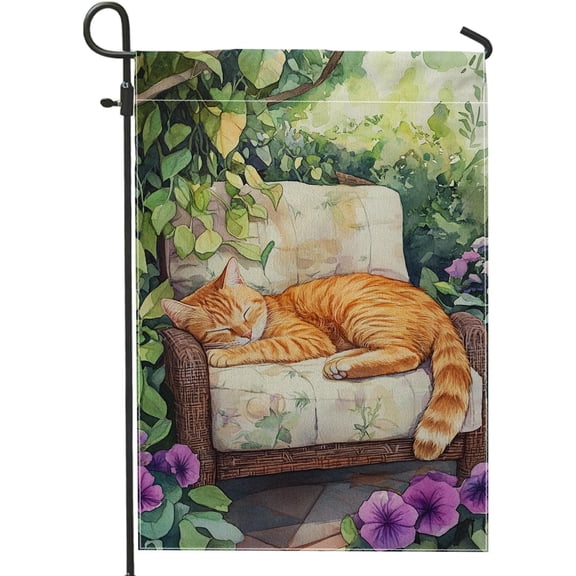 Summer Garden Flag Orange Cat Sleeping on Green Chair Double Sided Burlap Yard Banner Plant Lover Outdoor Lawn Decoration 12 x 18 Inch