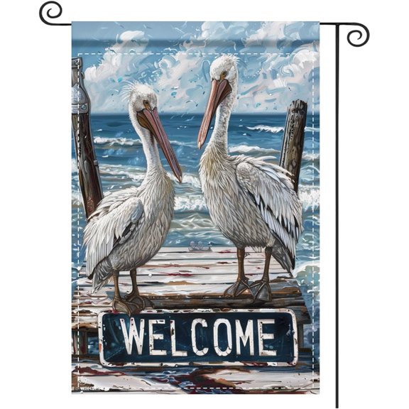 Summer Garden Flag Pelican Welcome Design - Polyester, 12x18 Inches Summer garden flags for outside with coastal print; suits backyard, patio, outdoor decor areas