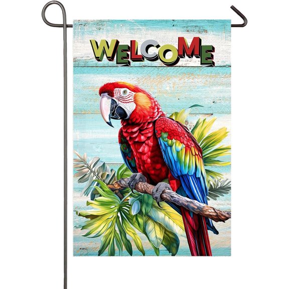 Summer Garden Flag Red Parrot Welcome Double Sided Yard Flag 12x18 Inch Tropical Plants Outdoor Decor Beach Party Banner