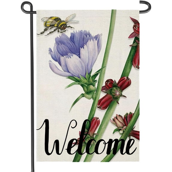 Summer Garden Flag Seasonal 12x18 Double Sided Vertical Decor, Watercolor Chicory Floral Bee Garden Yard Flags Outside Small Farmhouse Decoration Outdoor