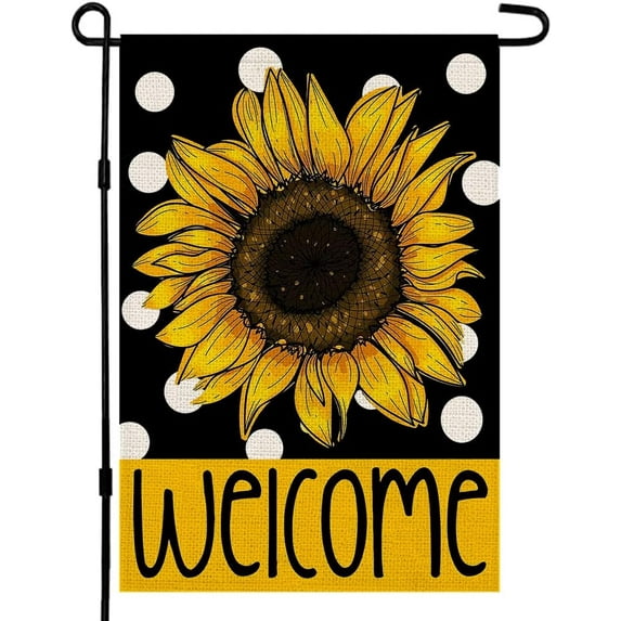 Summer Garden Flag Sunflower 12.5x18 Inch Small Double Sided for Outside Black Polka Dots Welcome Yard Decoration