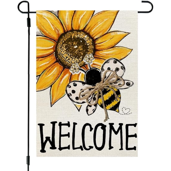 Summer Garden Flag Sunflower Bee 12x18 Inches Double Sided Small Burlap Seasonal Welcome Yard Decoration for Outside Porch