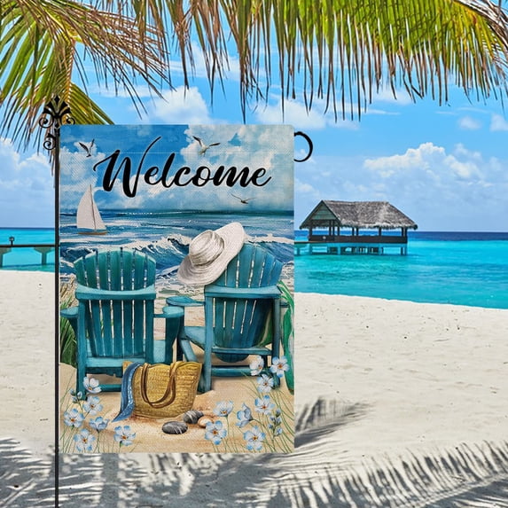 Summer Garden Flag - Welcome Beach Summer Cool Yard Flag Double Sided All-Weather Linen Outdoor Flag Garden Yard Patio House Flags Seasonal Summer Decoration