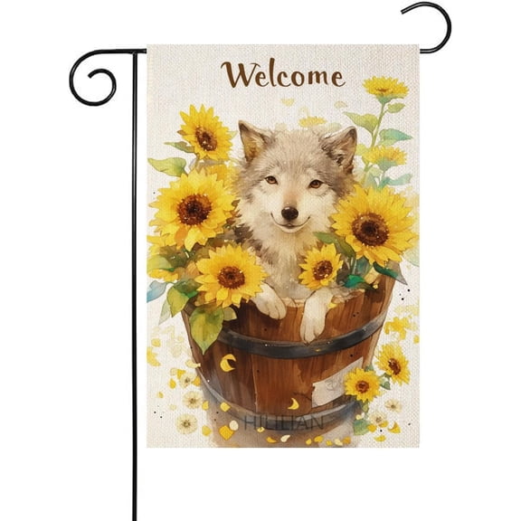 Summer Garden Flag Wolf Welcome Sunflower 12x18 Inch Double Sided Yard Flag Festival Linen Decorative Home Farmhouse Patio Outdoor Flags(2206)