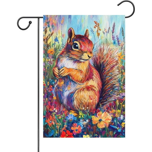 Summer Garden Flag with Squirrel, 12 x 18 Inch Double Sided Outdoor Yard Flag for Spring Garden Decor