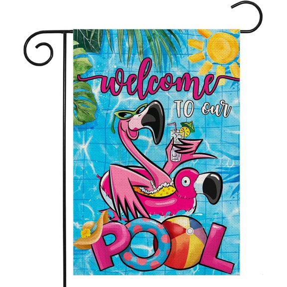 Summer Garden Flags for Outdoor, Flamingo Welcome to Our POOL Small Yard Flags for Outside, Swimming Pool Decoration for Party Holiday 12x18 Inch Double Sided