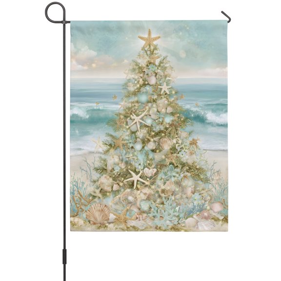 Summer Garden Flags For Outdoor, Ocean Theme Xmas Tree Starfish Corals Shells Beaches Small Double Side Yard Flags Weather Proof Garden Decor for Lawn Outside Holiday 12 x 18 Inches