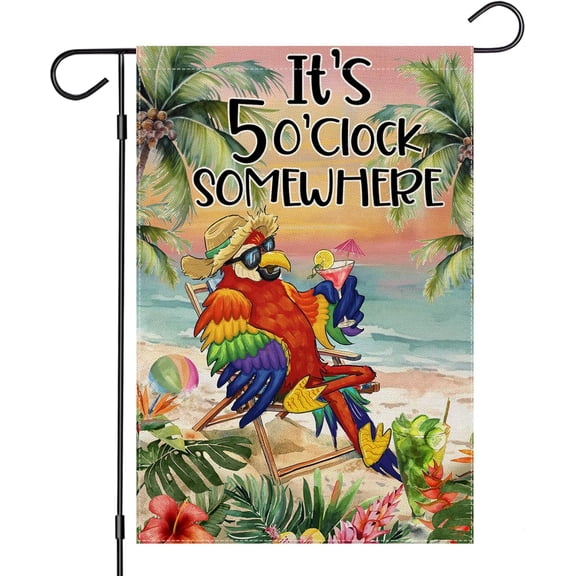 Summer Garden Flags for Outside, It's 5 O'clock Somewhere Beach Parrot Small Seasonal Decoration for Farmhouse Holiday Yard Outdoor Decor 12x18 Inch Double Sided
