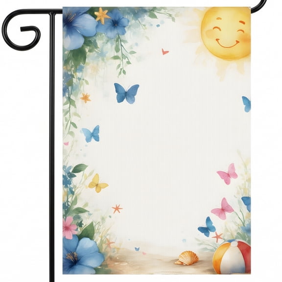 Summer Garden Flags - Watercolor Beach Scene Smiley Face - Summer Porch Decor 28x40 Inches for Garden Sanctuary Decor