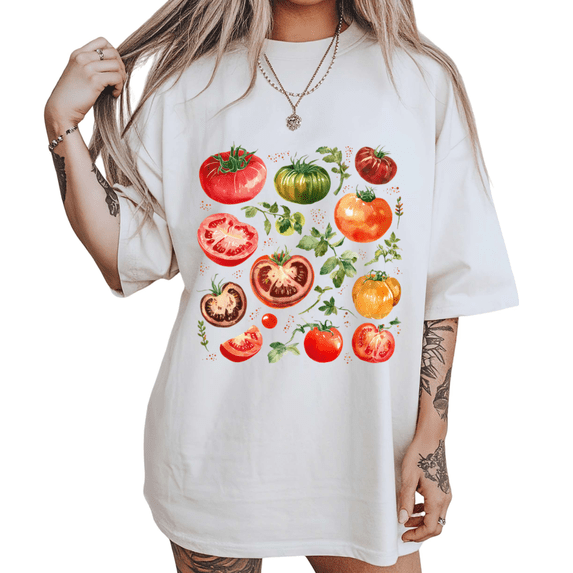 Summer Garden Tomato Varieties Print Tshirt White S-5XL Vibrant Graphic Tees Shirts Tops