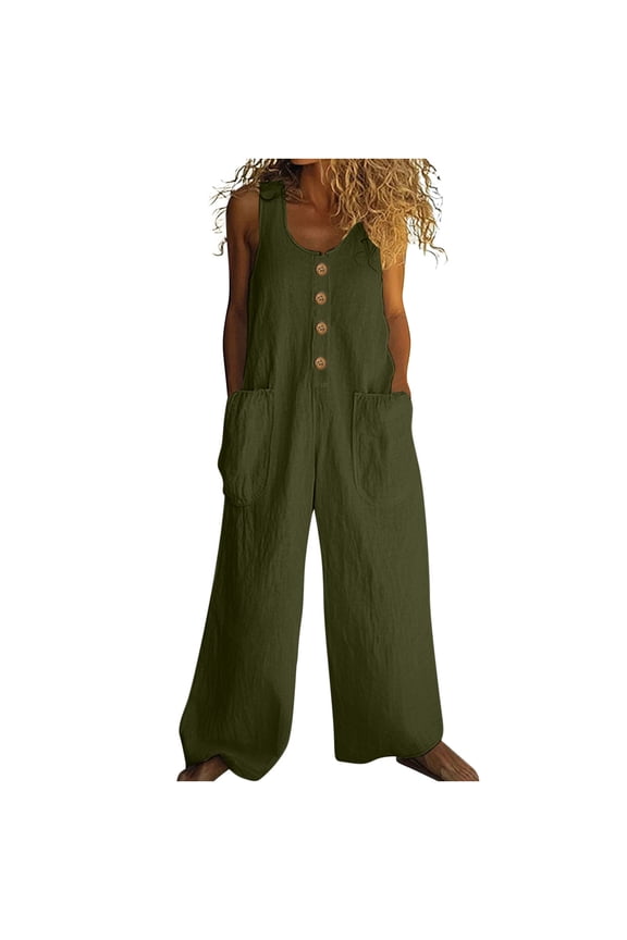 Summer Gauze Sleeveless Jumpsuits for Women Button Up Casual Loose Wide Legs Jumpers Rompers Overalls with Pockets