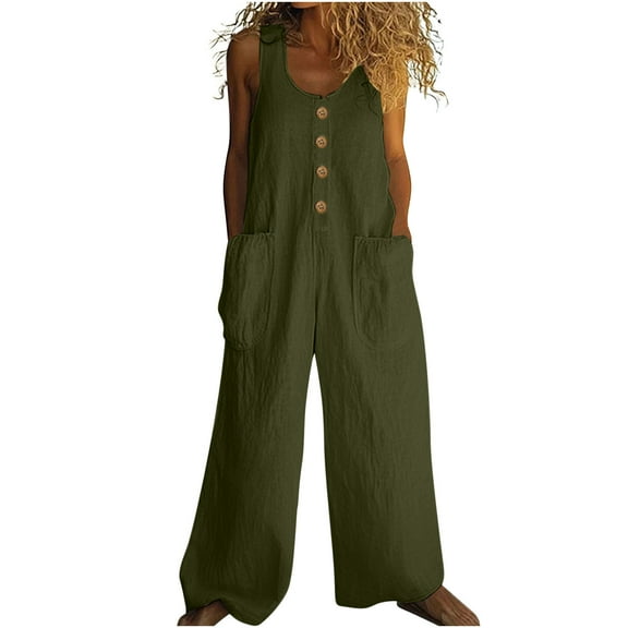 Summer Gauze Sleeveless Jumpsuits for Women Button Up Casual Loose Wide Legs Jumpers Rompers Overalls with Pockets